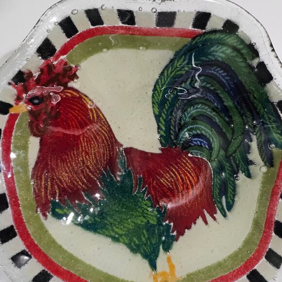 Vintage Peggy Karr Rooster Fluted Glass Bowl Signed Checkered Edge Metal Stand - Picture 3 of 10